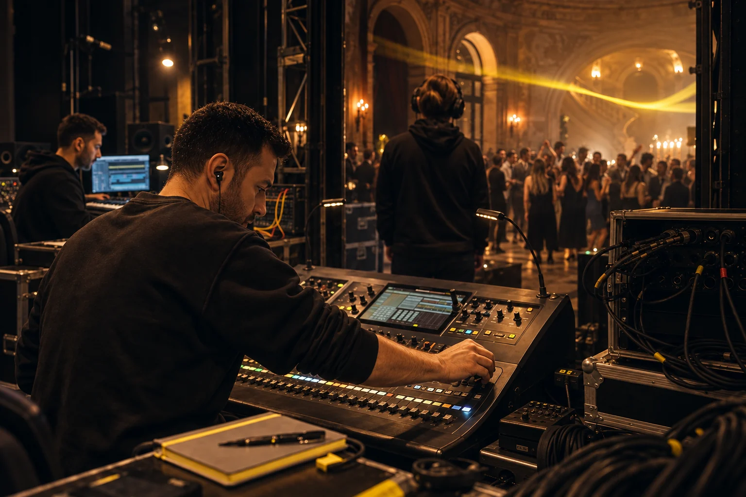 Echipa tehnică Sound Events coordonând sunetul dintre culise și ringul de dans
